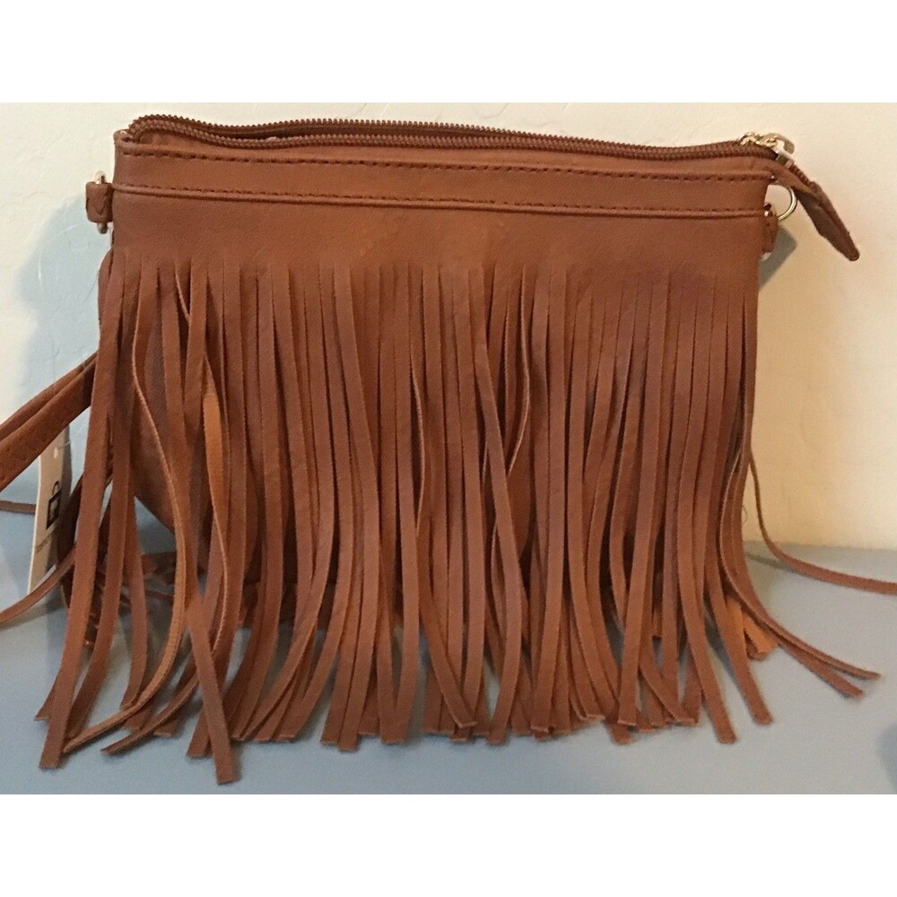 FashionPuzzle Brown Fringe Faux Leather Purse - Crossbody & Wristlet Straps NEW